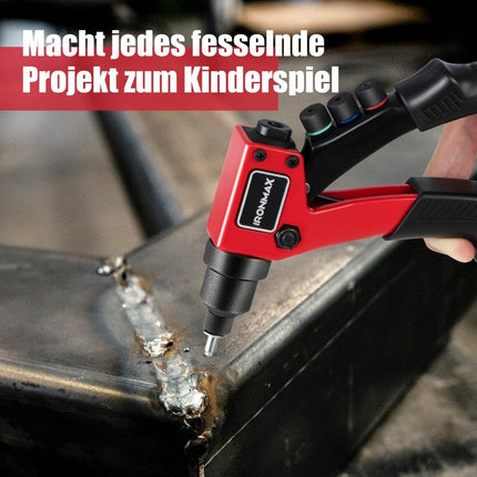 Rokas kniedētājs. Izturīgs manuāls kniedēšanas pistoles komplekts ar 200 kniedēm. Kniedēšanas instrumentu komplekts ar pārnēsāšanas koferi.