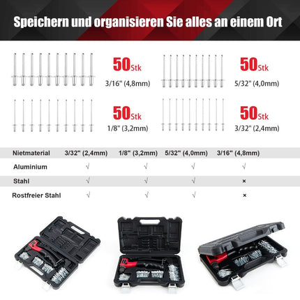Rokas kniedētājs. Izturīgs manuāls kniedēšanas pistoles komplekts ar 200 kniedēm. Kniedēšanas instrumentu komplekts ar pārnēsāšanas koferi.
