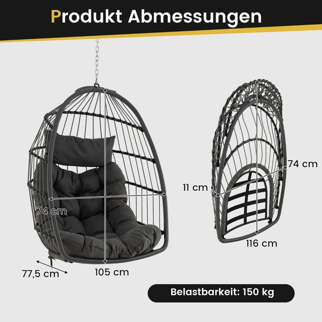 Piekarināms olu formas krēsls, saliekams PE rotangpalmas pinums ar spilvenu, pelēks