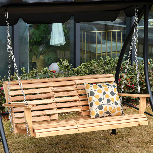 Piekarināms dārza šūpoles sols ar saliekamu kafijas galdiņu un krūzīšu turētāju, egles koks, 2-3 personām, 150x75x53cm, dabīgs