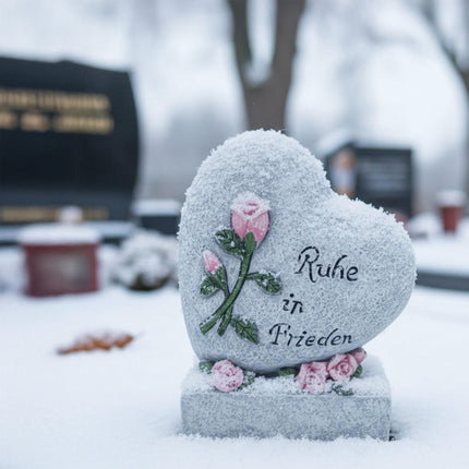 Sirds formas kapa rotājums ar uzrakstu "Ruhe in Frieden"