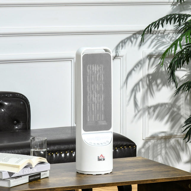 Sildītājs, ventilators, 2000 W, elektriskais sildītājs, keramikas apkures tornis, tālvadības pults, 12 stundu taimeris, svārstveida sildītājs, plastmasa, balta, Ø15,1 x 50,9 Hcm