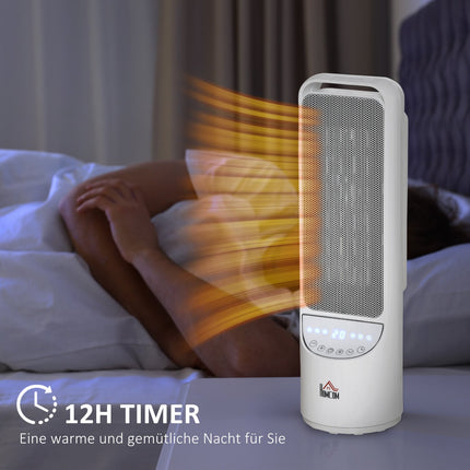 Sildītājs, ventilators, 2000 W, elektriskais sildītājs, keramikas apkures tornis, tālvadības pults, 12 stundu taimeris, svārstveida sildītājs, plastmasa, balta, Ø15,1 x 50,9 Hcm