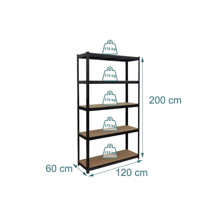 Izturīgs 5 plauktu statīvs, regulējams, melns