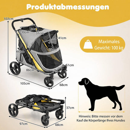 Izturīgi suņu ratiņi ar kājas bremzi, dzelteni, celtspēja 220 mārciņas (90 kg)