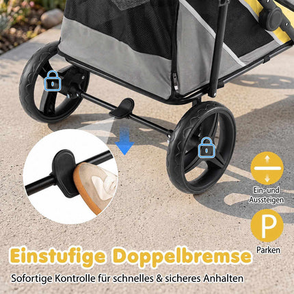 Izturīgi suņu ratiņi ar kājas bremzi, dzelteni, celtspēja 220 mārciņas (90 kg)