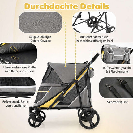 Izturīgi suņu ratiņi ar kājas bremzi, dzelteni, celtspēja 220 mārciņas (90 kg)