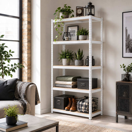 Heavy-Duty Steel Shelving Unit with 5 Adjustable Shelves, White, 875 kg Load