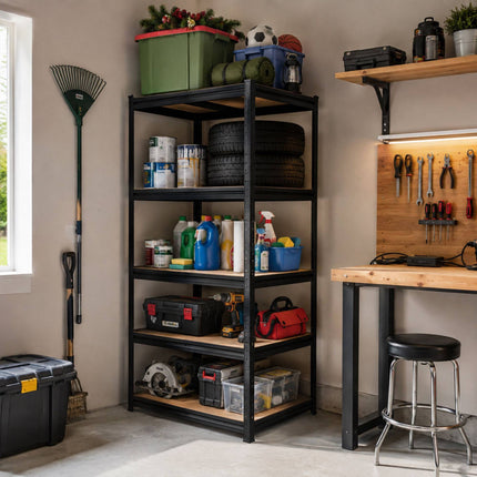 Heavy-Duty Steel Shelving Unit with 5 Adjustable Tiers, 175 kg per Tier, Black