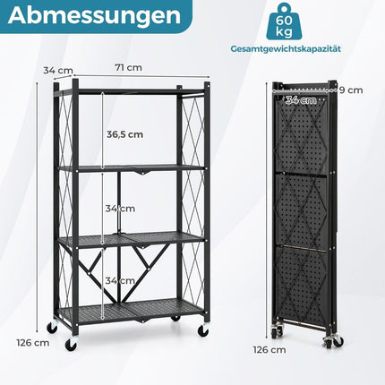 Izturīgs saliekams plaukts, 4 līmeņi, stāvplaukts ar bloķējamiem riteņiem, melns, 71 x 34 x 126 cm