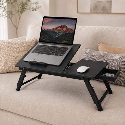 Height-Adjustable Bamboo Lap Desk with Drawer, 5 Tilt Angles – Black, Foldable
