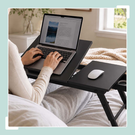 Height-Adjustable Bamboo Lap Desk with Drawer, 5 Tilt Angles – Black, Foldable