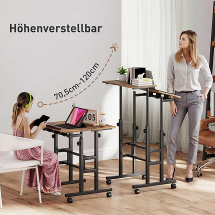 Augstumā regulējams rakstāmgalds ar plauktu un riteņiem, rustikāli brūns