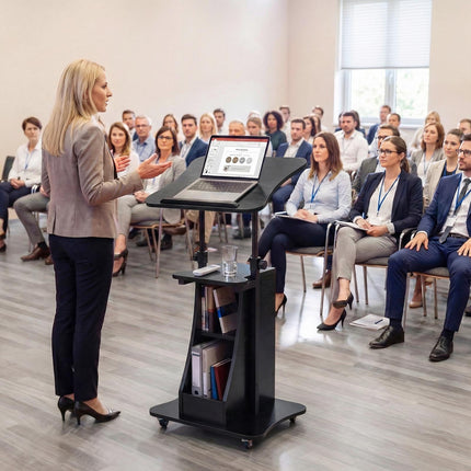 Augstumā regulējama mobila lekcija ar nolokāmu augšdaļu, melna
