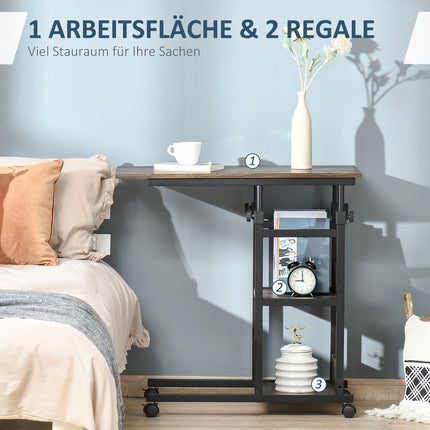 Height-Adjustable Side Table with Wheels and 2 Shelves, 80x40x72-82 cm, Brown