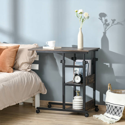 Height-Adjustable Side Table with Wheels and 2 Shelves, 80x40x72-82 cm, Brown