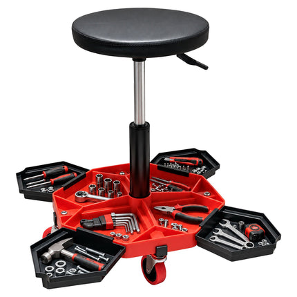 Height-Adjustable Workshop Stool with 4 Tool Compartments, Black/Red, 136 kg