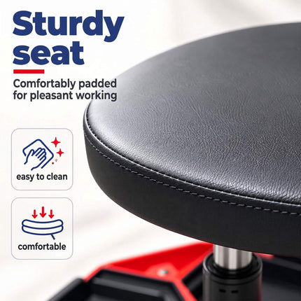 Height-Adjustable Workshop Stool with 4 Tool Compartments, Black/Red, 136 kg