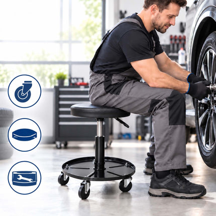 Height-Adjustable Workshop Stool with Tool Tray, 42–56 cm, Max 120 kg, Black