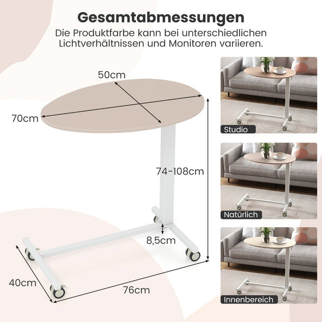 Augstumā regulējams sānu galds ar riteņiem Pārvietojams klēpjdatora galds 74-108 cm rozā + balts statiskā slodze līdz 75 kg