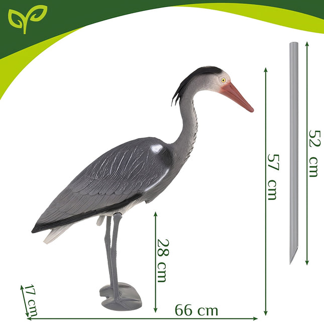 Gārņa dārza figūriņa, 66 cm, pelēka PE, stiprināma uz mieta