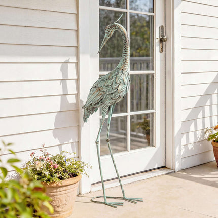 Gārņa dārza statuja, metāla, 88 cm, zaļa/bronza