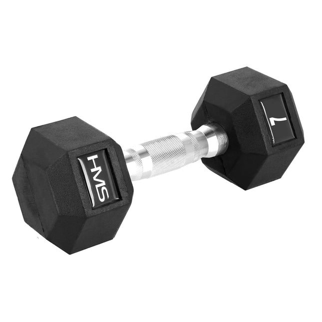 Sešstūra hantele 7 kg, gumijas pārklājums, rievots rokturis