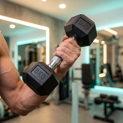 Hex Dumbbells 8 kg Pair, Rubber-Coated Cast Iron, Non-Slip Handles