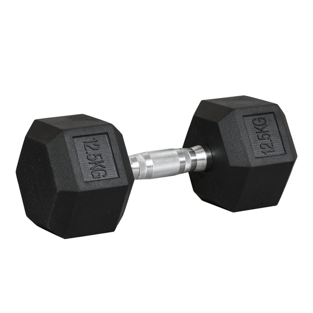 Sešstūra hantele, čuguna hantele, gumijas rokturis, rievoti svari, metāls, gumija, melna, 1 x 12,5 kg