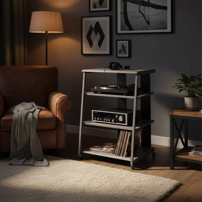 Hi-Fi plaukts ar 4 regulējamiem plauktiem un kabeļu organizētāju