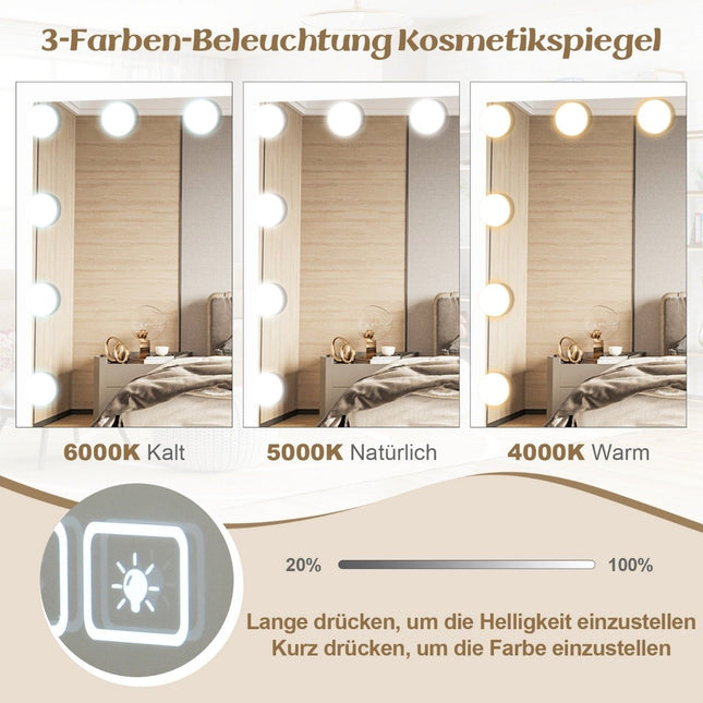 Holivudas spogulis ar apgaismojumu, USB uzlādes portu un Bluetooth skaļruni, kosmētikas spogulis guļamistabai, 58 x 46 cm, balts
