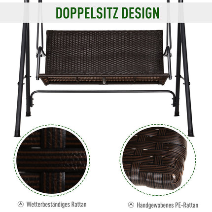 Holivudas šūpoles, divvietīgas dārza šūpoles, šūpuļsols, regulējams saules nojume, tērauda rāmis, rotangpalma, 140 x 110 x 151 cm