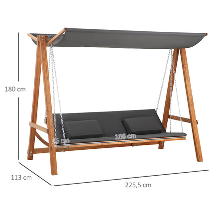 Holivudas šūpoles ar gultas funkciju, 3 sēdvietas, dārza šūpoles ar jumtu, priedes koks, pelēks + tīkkoks, 225,5 x 113 x 180 cm