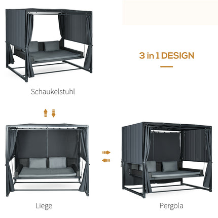 Holivudas šūpoles ar pergolu, dārza šūpoles ar spilvenu, laikapstākļiem izturīga šūpoļu gulta, dārzam, 235 x 180 x 210 cm, tumši pelēkas
