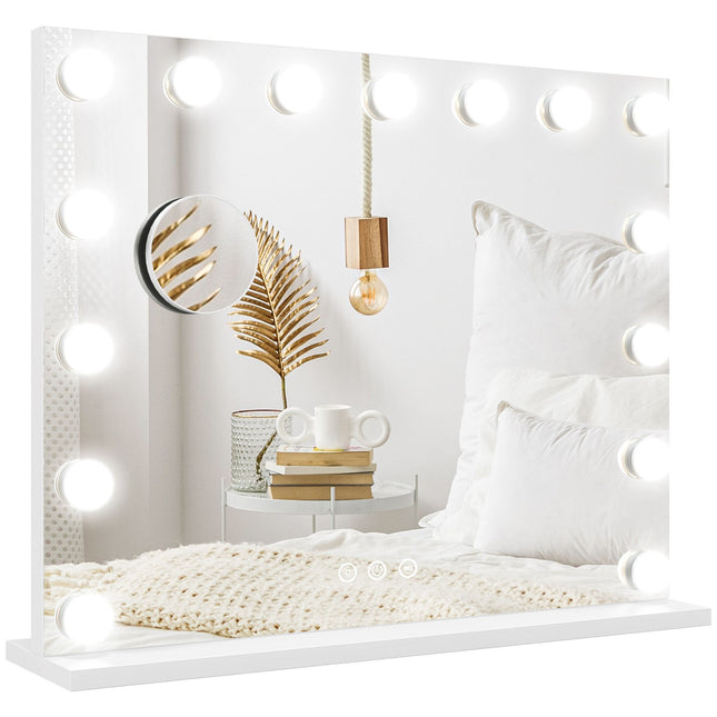 Holivudas spogulis ar apgaismojumu 58x48cm 15 LED 3 gaismas režīmi 10x palielinājums pārnēsājams skārienjutīgs slēdzis USB uzlādes ports balts |.de