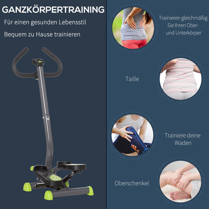 Mājas trenažieris, stepperis, fitnesa šūpoles, stepperis ar LCD ekrānu un rokturi, līdz 100 kg, tērauds, vēdera preses muskuļi, pelēks + zaļš, 55 x 44 x 108 cm
