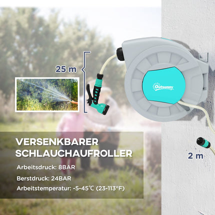 Šļūtenes spole ar dārza šļūteni 25 m, 180° grozāma šļūtenes kaste, šļūtenes spole stiprināšanai pie sienas, ūdens šļūtenes spole ar automātisku attīšanu, 7 funkciju rokas duša, zaļa + pelēka