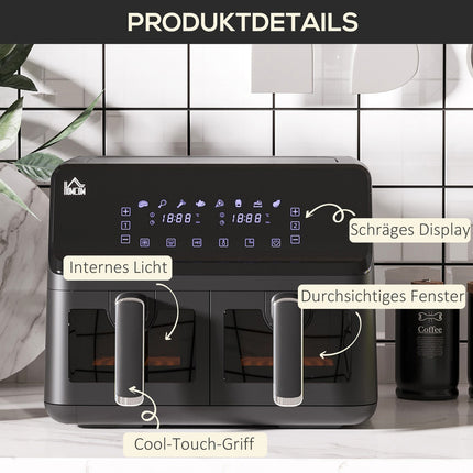 Karstā gaisa fritieri bez eļļas, dubultā kamera, 8 l, 2500 W, 8 programmas, LED displejs, regulējama temperatūra, taimeris, melns