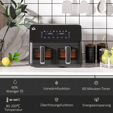Karstā gaisa fritieri bez eļļas, dubultā kamera, 8 l, 2500 W, 8 programmas, LED displejs, regulējama temperatūra, taimeris, melns