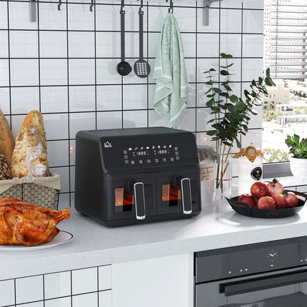 Karstā gaisa fritieri bez eļļas, dubultā kamera, 8 l, 2500 W, 8 programmas, LED displejs, regulējama temperatūra, taimeris, melns