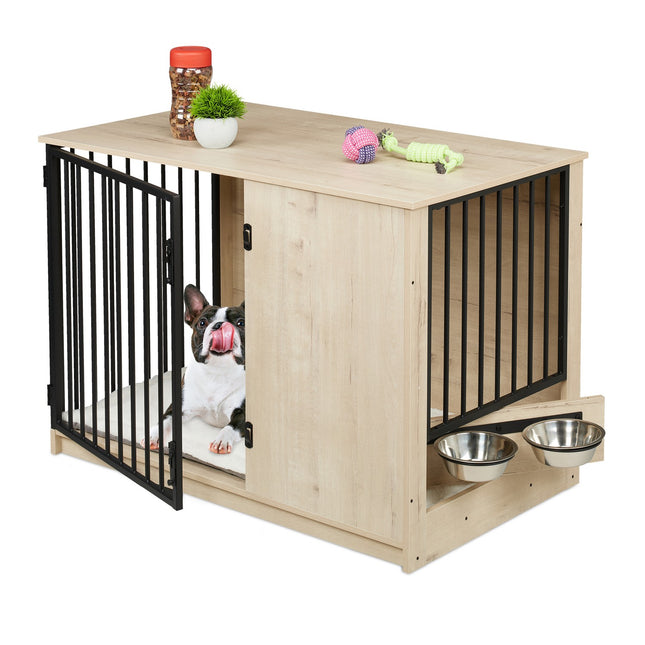 Suņu būris iekštelpām, koka imitācija, 2 bļodas, vidēja izmēra