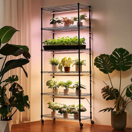 Indoor Plant Stand with Grow Lights, 6-Tier, Timer, Wheels