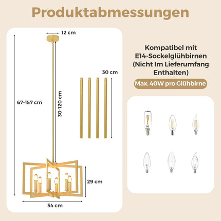 Industriāla lustra ar 6 lampām, regulējams augstums, zelta krāsā