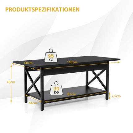 Industriāls kafijas galdiņš ar plauktu, melns metāla rāmis