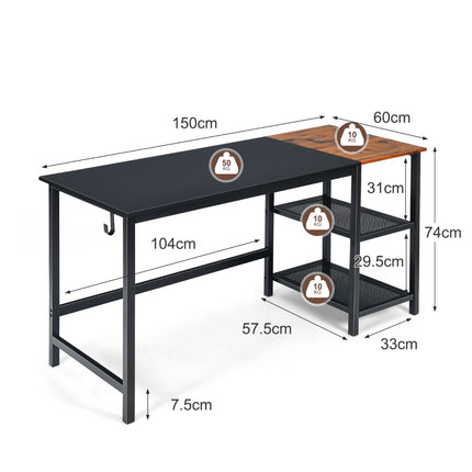Industriāls datorgalds, 150 cm, divlīmeņu plaukts, āķis
