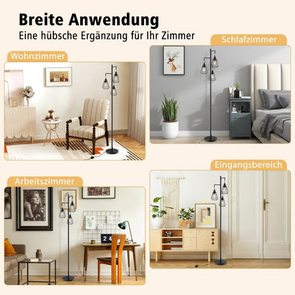 Industriāla grīdas lampa ar 3 abažūriem, 169 cm, melna