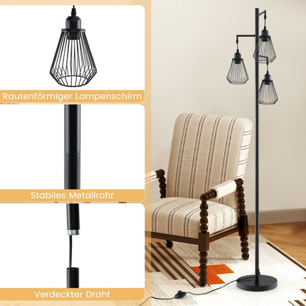 Industriāla grīdas lampa ar 3 abažūriem, 169 cm, melna