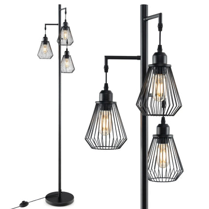 Industriāla grīdas lampa ar 3 abažūriem, 169 cm, melna