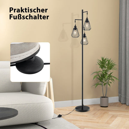 Industriāla grīdas lampa ar 3 abažūriem, 169 cm, melna
