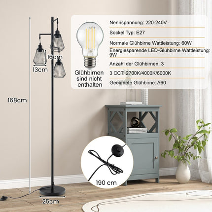 Industriāla grīdas lampa ar 3 abažūriem, 169 cm, melna